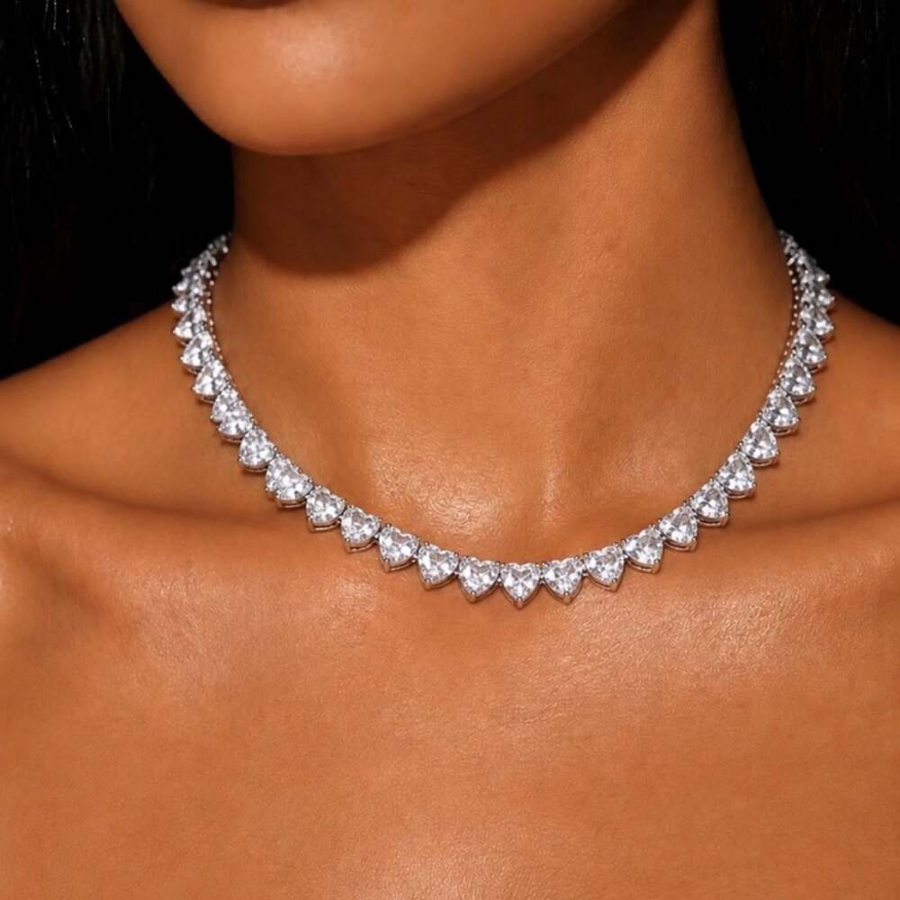 Silver Heart Tennis Chain Necklace 16inch